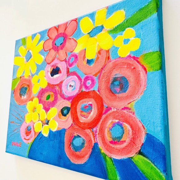 Original Painting Flowers Blue Vase 8"x10" Canvas Collectible One-of-a-Kind - Picture 4 of 7